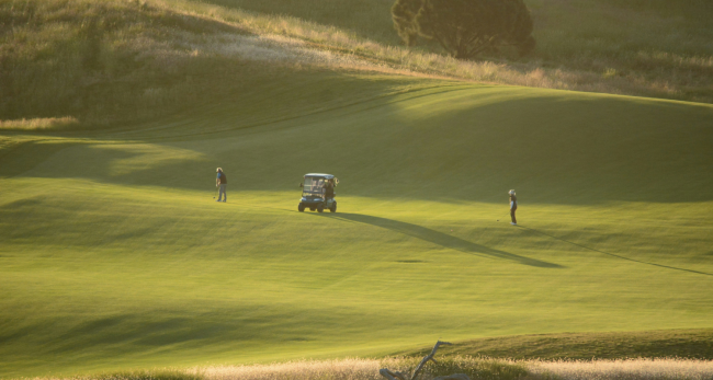 Golfers on a fairway with cart